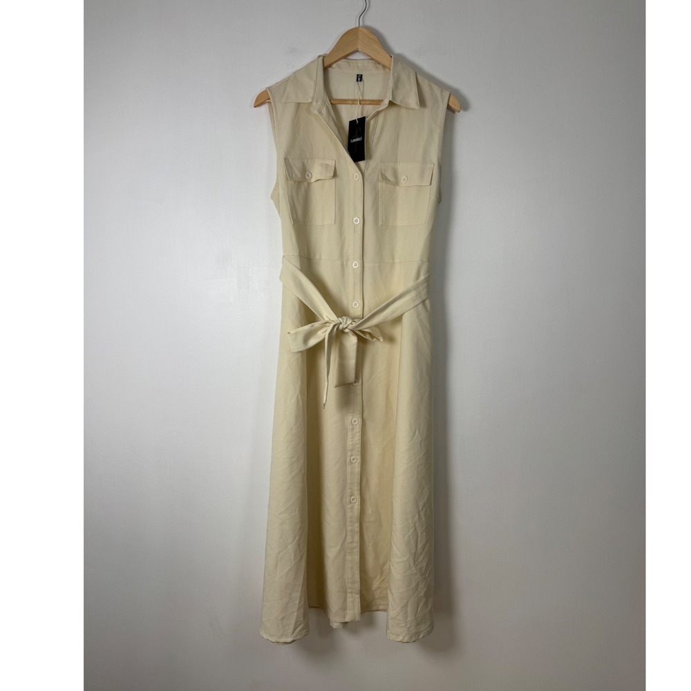 Safari Chic Flamingals NWT Women LG Shirt Dress Cream Cotton Belted Midi 217924